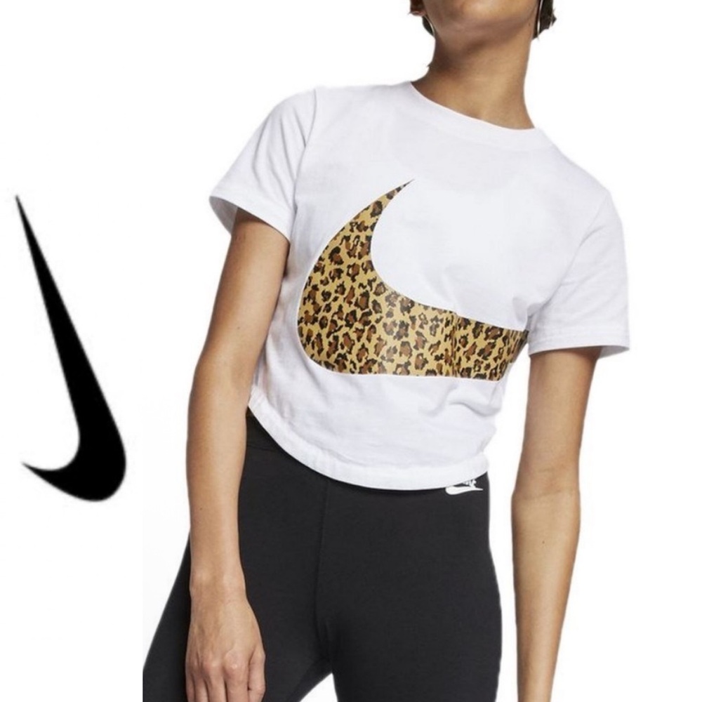 Nike 🤍 White Crop Top with Leopard Swoosh logo